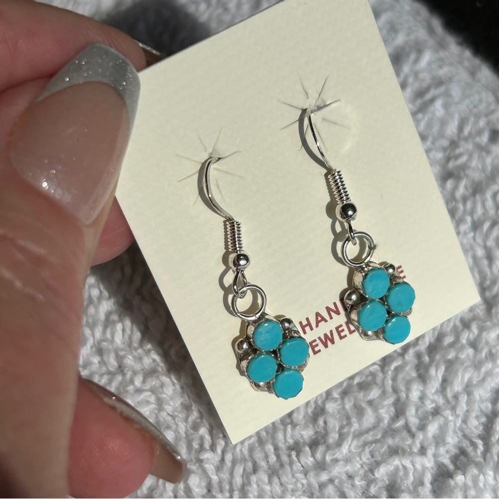 Zuni 925 Sterling Silver Turquoise Dangle Earrings - Picture 5 of 6